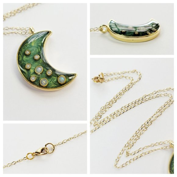 Crescent Moon Pendant Necklace Metallic Forest Green and Gold Handmade Necklace - Picture 5 of 10